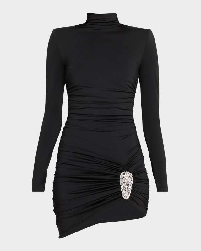 Crystal Cluster Ruched Turtleneck Mini Dress